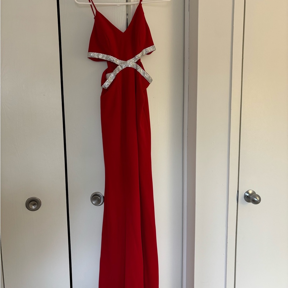 Red David’s Bridal Prom Evening Cutout Gown with Silver Trim